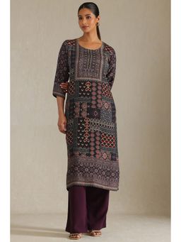 Soch - Women's Black Muslin Botanical Print Kurta With Beads And Stones