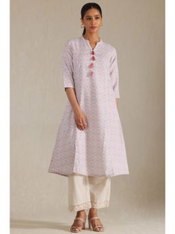 Soch - Women's Cream Linen Botanical Print Kurta With Tassels