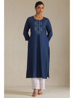 Soch - Women's Indigo Denim Solid Kurta With Thread Work