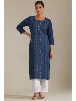 Soch - Women's Indigo Denim Dots Kurta With Thread Work