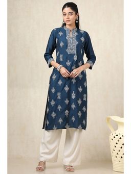 Soch - Women's Navy Blue Muslin Solid Kurta With Thread Work