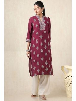 Soch - Women's Wine Muslin Solid Kurta With Thread Work