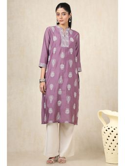 Soch - Women's Purple Muslin Solid Kurta With Thread Work