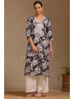 Soch - Women's Black Muslin Botanical Print Kurta With Thread Work