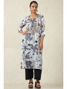 Soch - Women's Off White Muslin Botanical Print Kurta With Thread Work