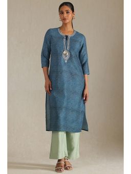 Soch - Women's Blue Muslin Leheriya Print Kurta With Zari