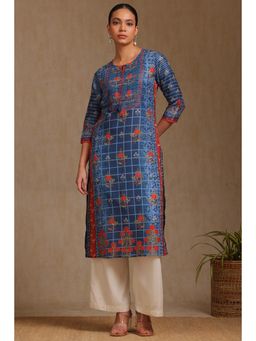 Soch - Women's Blue Muslin Botanical Print Kurta With Cutdana