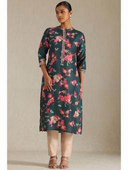 Soch - Women's Green Muslin Botanical Print Kurta With Sequins