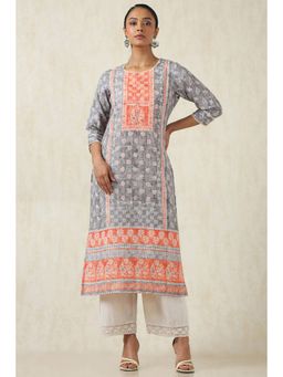 Soch - Women's Grey Rayon Botanical Print Kurta With Beads