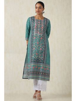 Soch - Women's Green Rayon Botanical Print Kurta With Beads