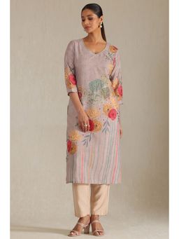 Soch - Women's Beige Muslin Botanical Print Kurta With Zari