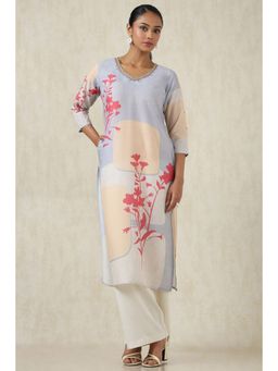 Soch - Women's Grey Muslin Botanical Print Kurta With Cutdana
