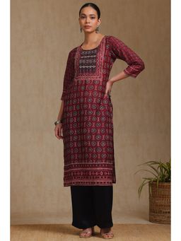 Soch - Women's Maroon Muslin Botanical Print Kurta With Cutdana