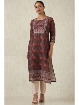Soch - Women's Brown Muslin Botanical Print Kurta With Zari