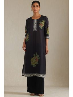 Soch - Women's Black Muslin Botanical Print Kurta