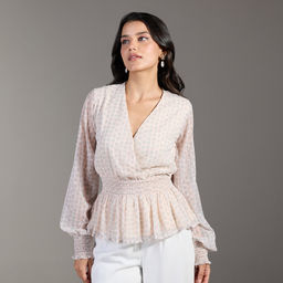 Twenty Dresses by Nykaa Fashion - Curve Cream Polka Textured Full Sleeves Wrap Peplum Top