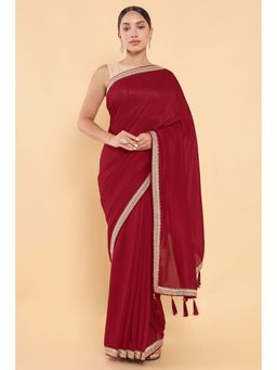 Soch - Women Maroon Silk Solid/Plain Saree with Stitched Blouse