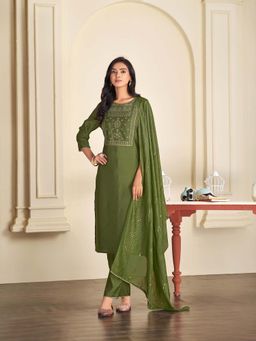 BulBul - Green Embroidered Roman Silk Kurta Set (Set of 3)