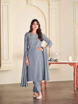 BulBul - Grey Embroidered Roman Silk Kurta Set (Set of 3)