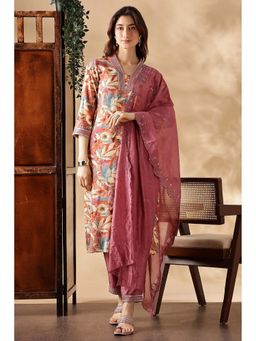 BulBul - Muave Floral Printed Kurta Set with Dupatta (Set of 3)