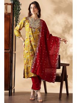 BulBul - Yellow and Red Printed Embroidered Kurta Set with Dupatta (Set of 3)