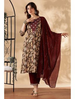 BulBul - Olive and Maroon Printed Kurta Set (Set of 3)