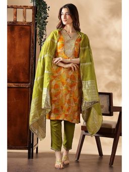 BulBul - Mustard and Green Printed Embellished Kurta Set with Dupatta (Set of 3)