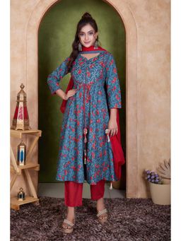 BulBul - Blue and Red Cotton Floral Printed Kurta Set with Dupatta (Set of 3)