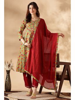 BulBul - Mustard and Brown Floral Printed Kurta Set with Dupatta (Set of 3)