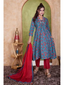 BulBul - Blue and Red Floral Printed Kurta Set with Dupatta (Set of 3)