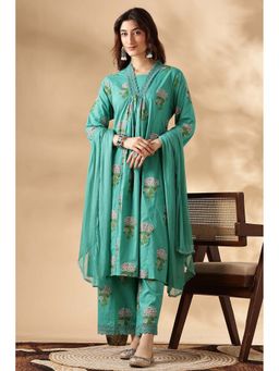 BulBul - Green and White Floral Printed Cotton Kurta Set with Dupatta (Set of 3)