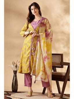 BulBul - Mustard and Purple Floral Printed Kurta Set with Dupatta (Set of 3)