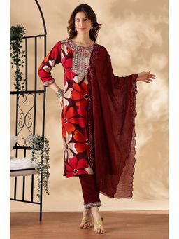 BulBul - Brown and Red Floral Printed Embroidered Kurta Set (Set of 3)