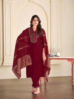 BulBul - Maroon Embroidered Roman Silk Kurta Set (Set of 3)