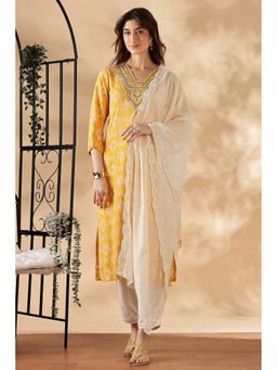 BulBul - Yellow and White Printed Embroidered Kurta Set (Set of 3)