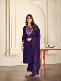 BulBul - Purple Embroidered Roman Silk Kurta Set (Set of 3)