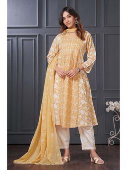 BulBul - Beige and Off White Floral Printed Cotton Kurta Set with Dupatta (Set of 3)