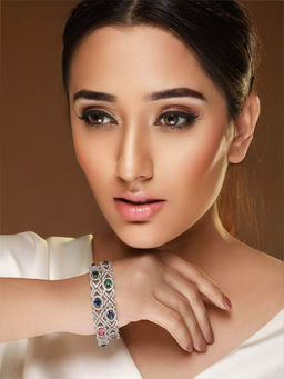 Priyaasi - Blue Green Stone Studded Ad Silver-Plated Bangle (Set of 2) (2.6)