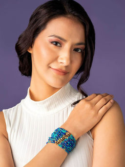 PRITA - Blue Beaded Multilayer Elasticated Gold-Plated Bracelet