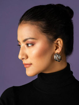 PRITA - Elegant Tri-Striped Silver-Plated Half-Hoop Earrings