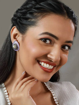 Priyaasi - Purple Drop Shaped Pearl Stud Silver Plated Earrings