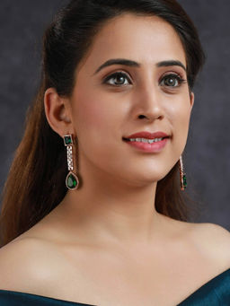 Priyaasi - Green Ad Studded Rose Gold Plated Drop Earrings