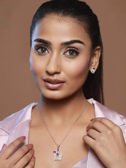 Priyaasi - Studded Purple Ad Leaf Block Silver-Plated Jewellery Set