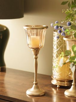 Pure Home + Living - Amber & Gold Glass Hammered Hurricane With Base