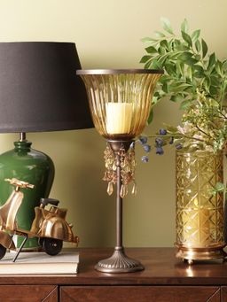 Pure Home + Living - Yellow Hurricane Candle Holder With Stand & Hanging Crystals - Large