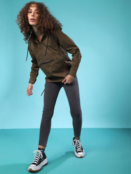 Campus Sutra - Olive Women Solid Stylish Casual Jacket