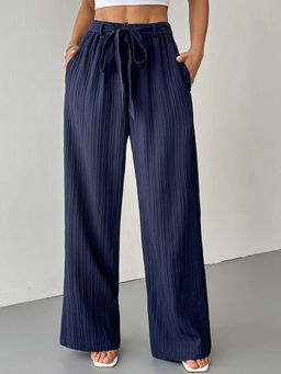Outzidr - Navy Blue Crinkled Drawstring Wide-Leg Pants