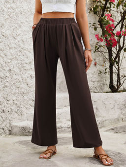 Outzidr - Brown Elasticated Pleated Flared Pants