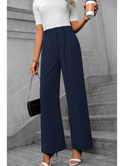 Outzidr - Navy Blue Waist Band Pleated Straight Fit Pants