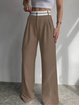 Outzidr - Brown Contrast Waist Wide Leg Pant